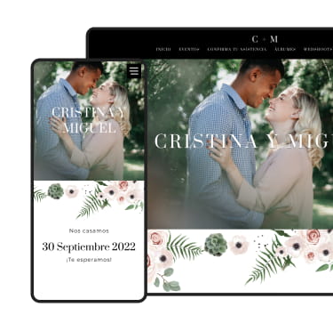Ejemplo de diseño floral de la web de boda, en formato escritorio y móvil.